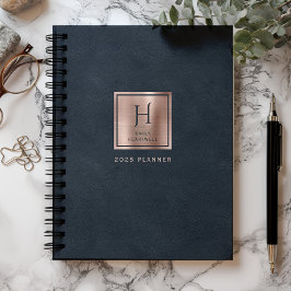 Nep leer Navy Blauwe Roze Gouden Monogram 2025 Planner
