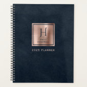 Nep leer Navy Blauwe Roze Gouden Monogram 2025 Planner (Voorkant)