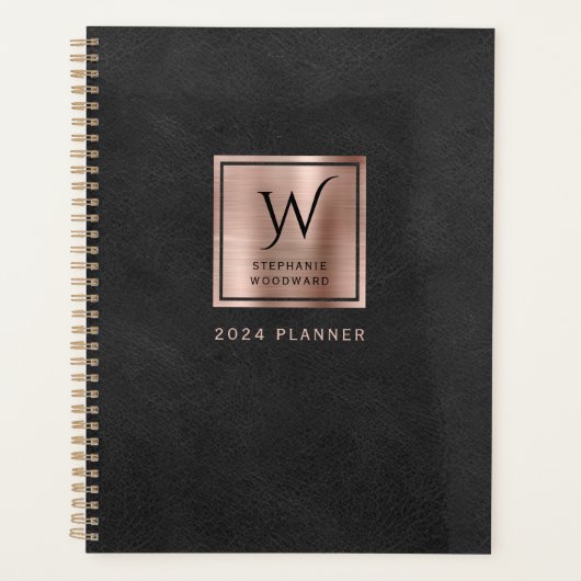 Nep leer uitziende zwarte roos gouden monogram 202 planner (Voorkant)