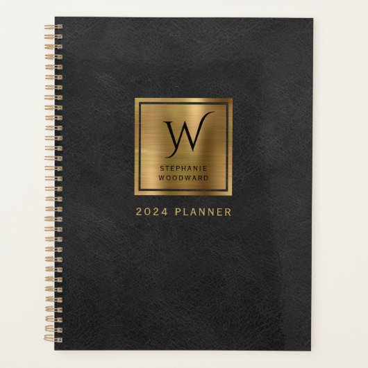 Nep leerlook Zwart Goud Monogram 2024 Planner (Voorkant)