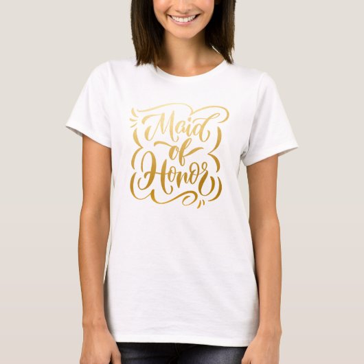 Nep Metallic Gouden Handgeschreven Bruidsmeisje Me T-shirt (Voorkant)
