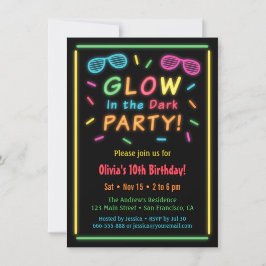 Nep Neon Gloed Verjaardagsfeest Uitnodigingen (Voorkant)