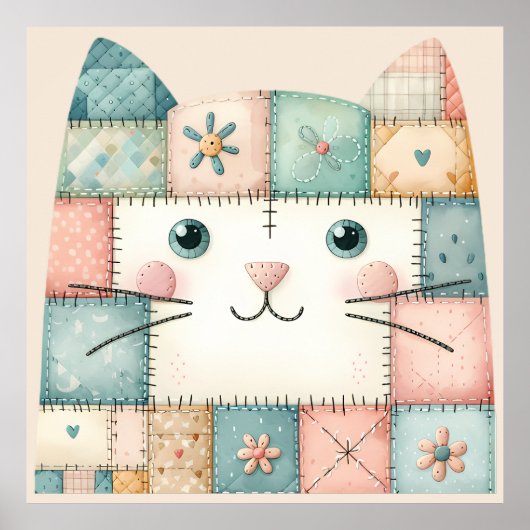 Nep Patchwork Pastel Cottage Kitty Gezicht Poster (Voorkant)