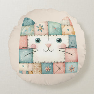 Nep Patchwork Pastel Cottage Kitty Gezicht Rond Kussen