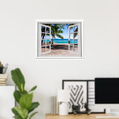 Nep raam met palmbomen op het strand uitzicht op d poster (Thuiskantoor)