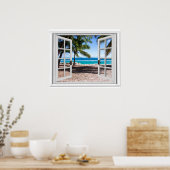 Nep raam met palmbomen op het strand uitzicht op d poster (Keuken)