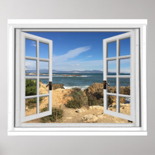 Nep raam uitzicht rotsachtig strand oceaan poster
