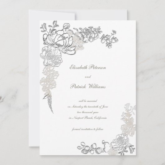 Nep-reliëf Pioen Calligrafie Chic Ivoren Trouwkaar Save The Date (Voorkant)