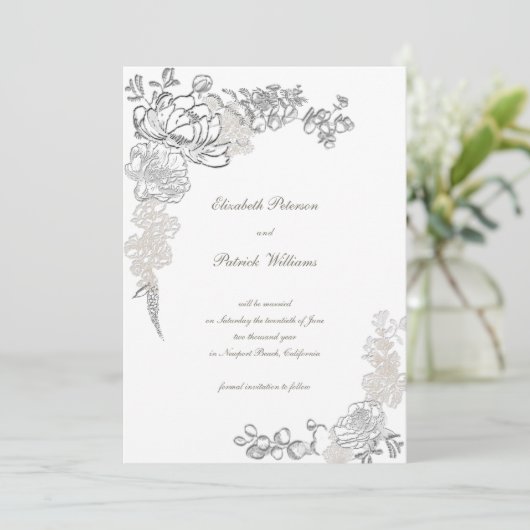 Nep-reliëf Pioen Calligrafie Chic Ivoren Trouwkaar Save The Date (Staand voorkant)