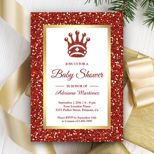 Nep rode glitterspeldjes tiara prinses babyshower kaart
