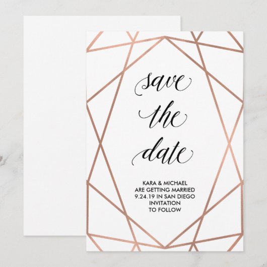 Nep roosgoud geometrisch op wit | Save the Date (Voorkant / Achterkant)