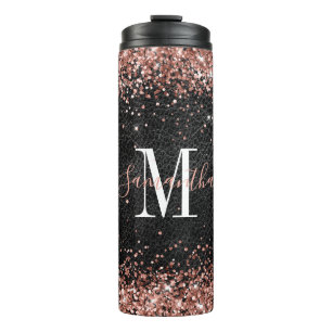 Nep Rose Goud Glitter Zwart Leer Monogram Thermosbeker