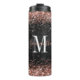 Nep Rose Goud Glitter Zwart Leer Monogram Thermosbeker