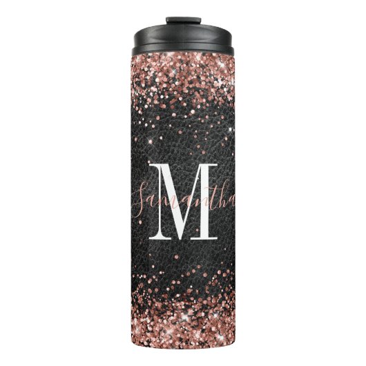 Nep Rose Goud Glitter Zwart Leer Monogram Thermosbeker (Voorkant)