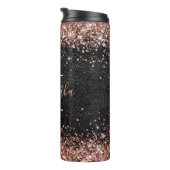 Nep Rose Goud Glitter Zwart Leer Monogram Thermosbeker (Geroteerd rechts)
