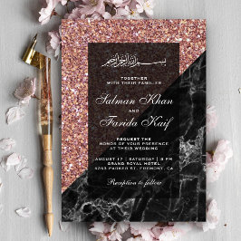 Nep Rose Goud Glitter Zwarte Marmer Moslim Trouwda Kaart
