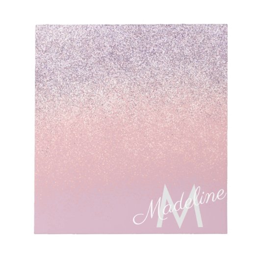 Nep roze en paarse glinsterende glitter monogram notitieblok (Voorkant)