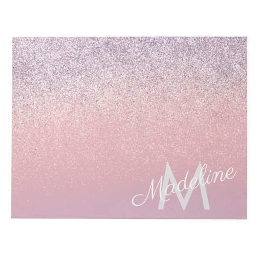 Nep roze en paarse glinsterende glitter monogram notitieblok (Voorkant)