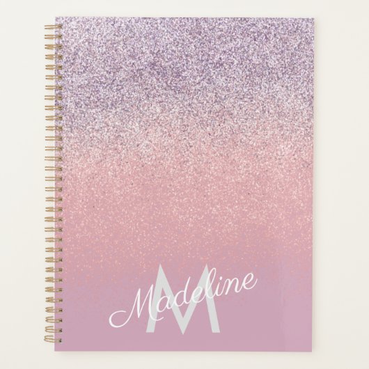 Nep roze en paarse glinsterende glitter monogram planner (Voorkant)