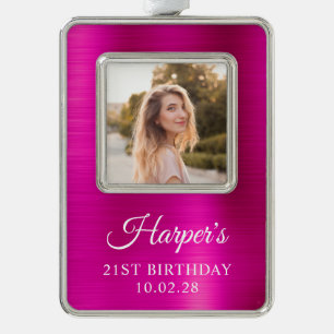 Nep roze folie 21e verjaardag foto verzilverd omlijst ornament