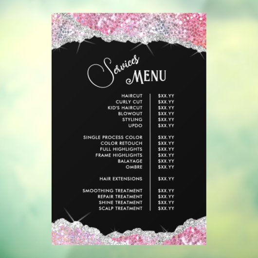 Nep Roze Glitter Lovertjes Services Menu Raamsticker (Vel 3)