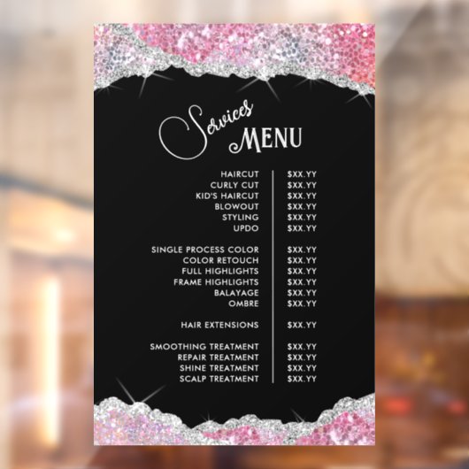 Nep Roze Glitter Lovertjes Services Menu Raamsticker (Vel 2)
