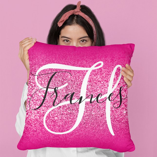Nep Roze Glitter Ombre Monogram Kussen (Creator heeft geüpload)