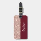 Nep roze goud glitters met bordeauxrood bagagelabel (Voorkant verticaal)