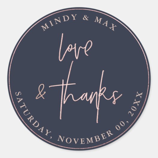 NEP ROZE GOUD LOVE+THANKS HANDTEKENING SCRIPT RONDE STICKER (Voorkant)