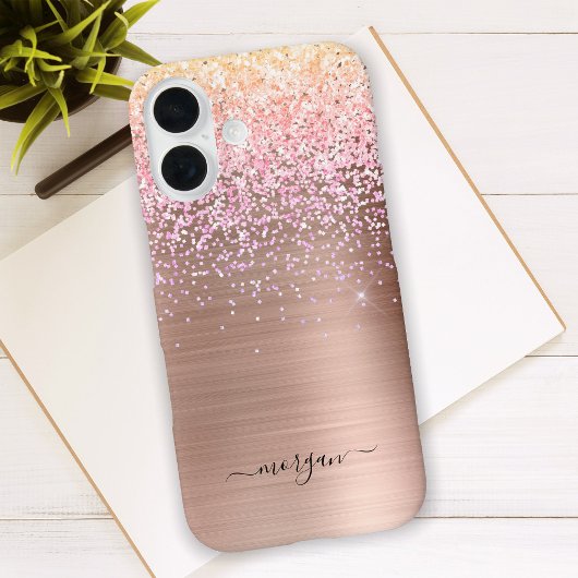 Nep roze goud metaal, Glitters, naam in script Case-Mate iPhone Case