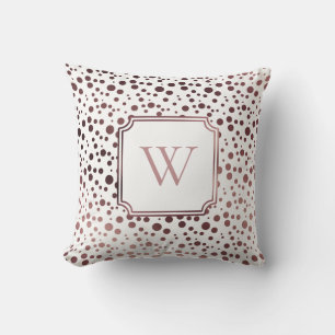 Nep roze gouden folie cirkels met monogram op wit kussen