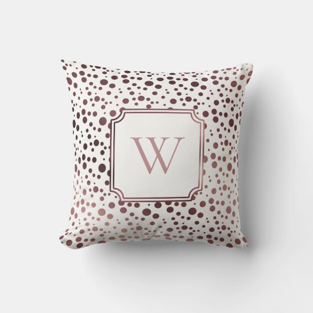 Nep roze gouden folie cirkels met monogram op wit kussen (Voorkant)