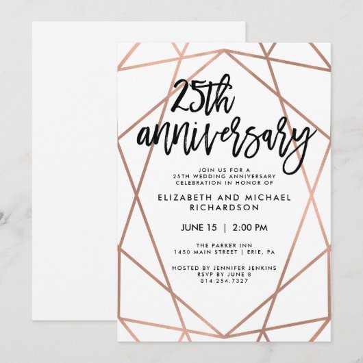 Nep roze gouden geometrische 25ste trouwdag kaart (Voorkant / Achterkant)