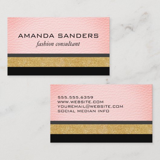 Nep roze leer met glitters en patronen visitekaartje (Voorkant / Achterkant)