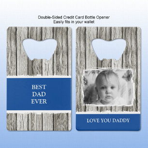 Nep rustic hout 1 foto papa grijs blauw creditkaart flessenopener