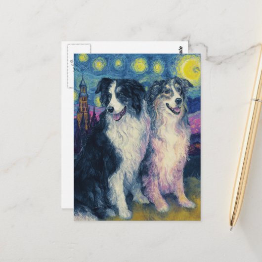 Nep Van Gogh Border Collies Briefkaart (Voorkant / Achterkant in situ)