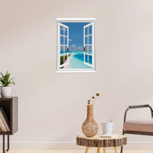 Nep-venster blauwe lucht tropische zee uitzicht poster