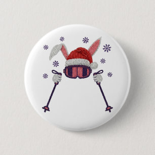 Nep wol skietende konijn met kerstmuts winter humo ronde button 5,7 cm