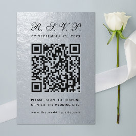 Nep Zilver Folie QR Code Zwarte Script Bruiloft RSVP Kaartje