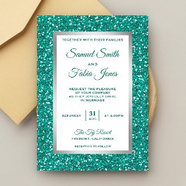 Nep Zilver Folie Teal Glitter Bruiloft Uitnodiging