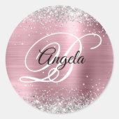 Nep Zilver Glitter Bleek Roze Folie Monogram Ronde Sticker (Voorkant)