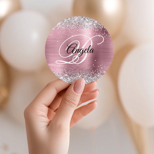 Nep Zilver Glitter Bleek Roze Folie Monogram Ronde Sticker