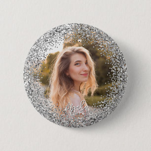 Nep Zilver Glitter Foto Ronde Button 5,7 Cm