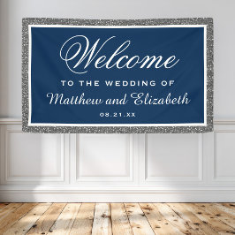 Nep Zilver Glitter Navy Blauwe Trouwbegroeting Spandoek