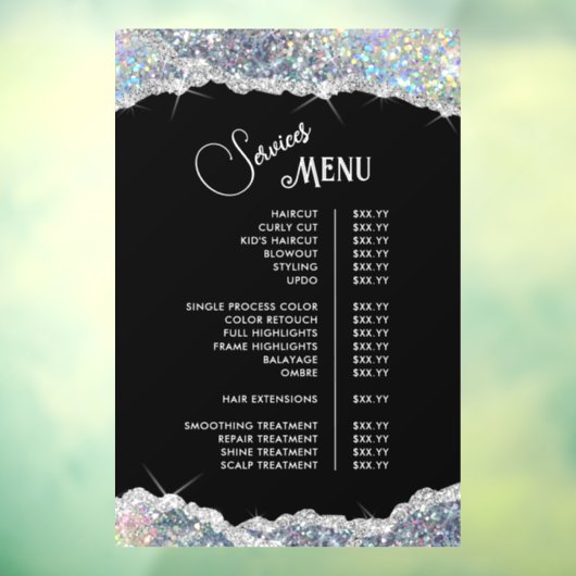 Nep Zilver Iridescente Glitter Service Menu Raamsticker (Vel 3)