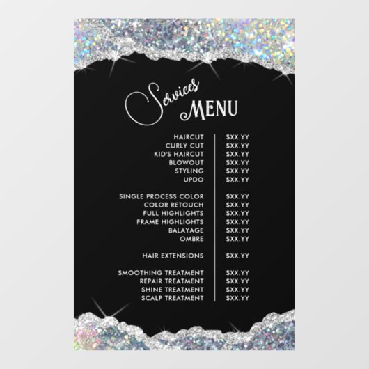 Nep Zilver Iridescente Glitter Service Menu Raamsticker (Vel)