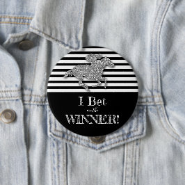 Nep Zilveren Glitter Renpaard op Zwarte Strepen Ronde Button 4,0 Cm