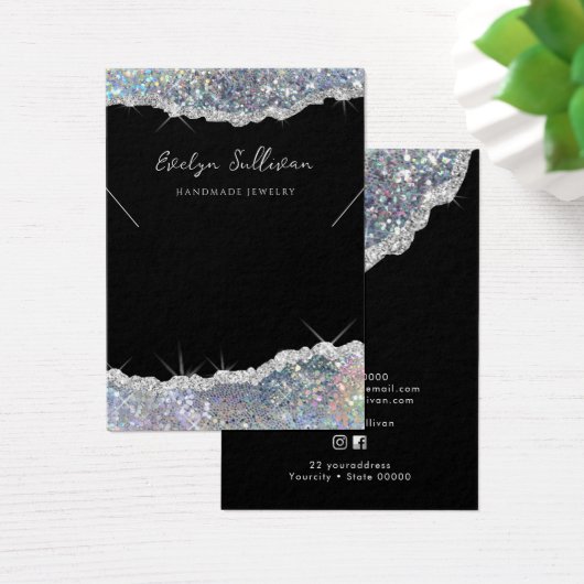 Nep zilveren glittersieraden displaykaart visitekaartje (Bureau)