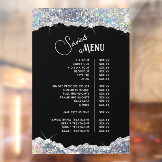 Nep Zilveren Iriserende Glitter Service Menu Raamsticker (Vel 2)