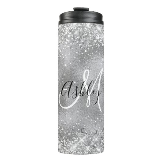 Nep zilverfolie met glinsterende glittermonogram thermosbeker (Voorkant)